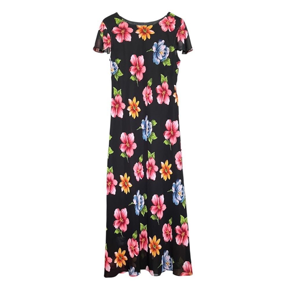 Mary McFadden Floral Fairy Party Maxi Dress Wedding Vintage Blk Multi SZ 12